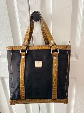 MCM Black Tote with Cognac Croc-Trim and Silver Plaque